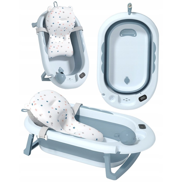 Cadita Pliabila, Oem, Wp 02, Material Abs, Silicon, Termometru Electronic Cu Precizie De 0.1 °C, Picioare Antiderapante, Materiale Sigure, Fara Bpa, 81.5 x 49 x 21.5 cm, Albastra