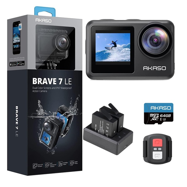 Akaso Brave 7 Le akciókamera, 4K, 20MP, IPX7 vízálló, 64 GB-os memóriakártyával