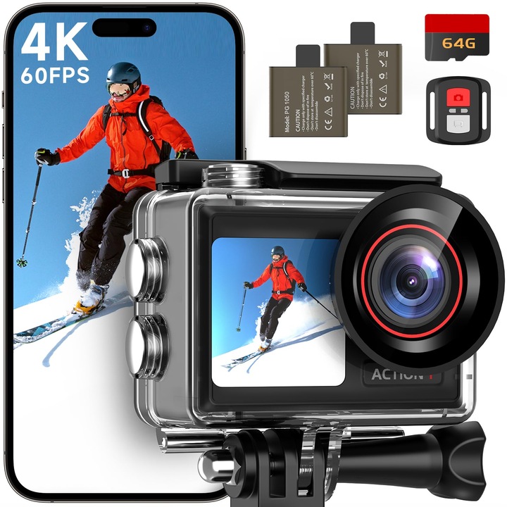 Екшън камера Syndesmos 4K, подводна 40м, 2 LCD екрана, комплект аксесоари, 64GB карта, 2.4G дистанционно управление