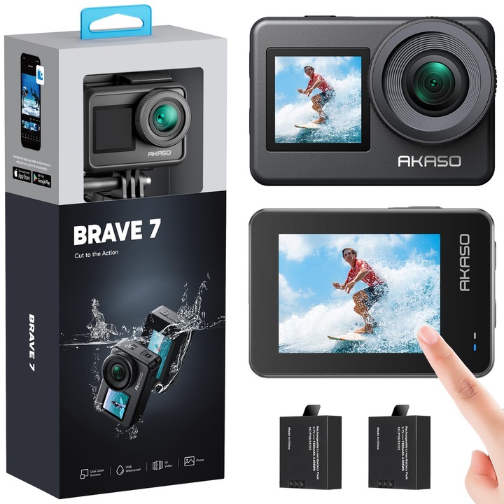Cameră sport video Akaso Brave 7 4K, 20Mp, impermeabilă IPX8, ecran tactil, set cu 2 baterii de 1350mAh