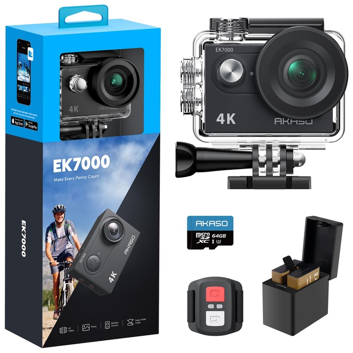 Akaso Ek7000 sportkamera, 4K, 30fps, víz alatti, 170 fokos ultraszéles látószög, 64GB memóriakártya