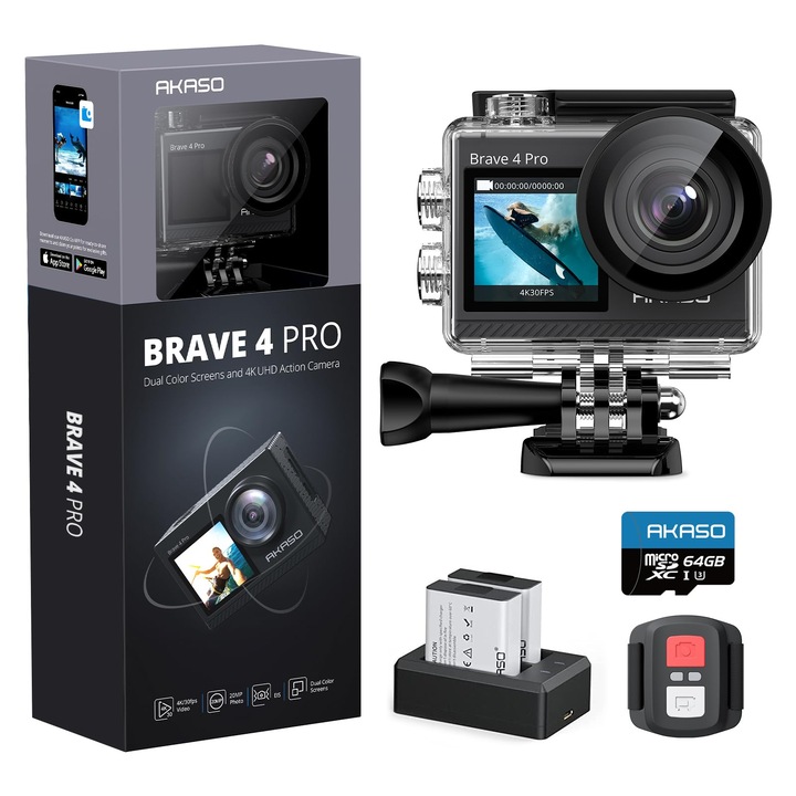 Akaso Brave 4 Pro 4K sportkamera, 20MP, vízálló 40m-ig, érintőképernyő, 170°-os nagylátószög, 5X zoom, szett 2 akkumulátorral