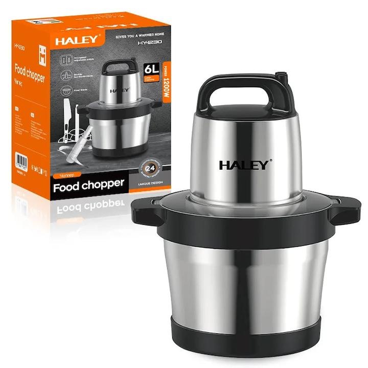 Tocator electric multifunctional Haley 1200W, recipient inox 6L, 4 lame ultra-ascutite inox, 2 trepte viteza, pentru maruntire carne, legume, fructe, nuci, usturoi, piureuri, salate, mixare rapida si uniforma