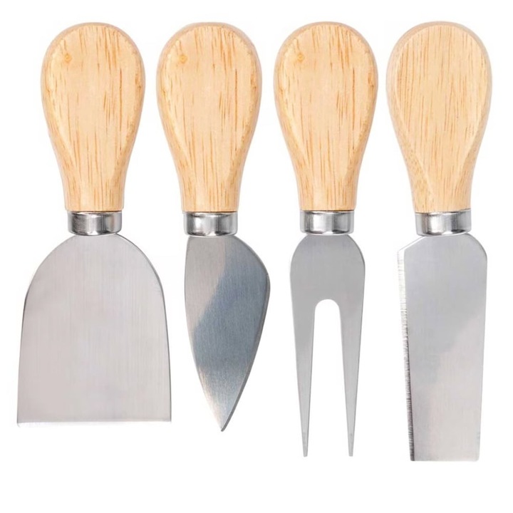 Set 4 cutite Pufo pentru servire branza, cascaval, cu maner din lemn