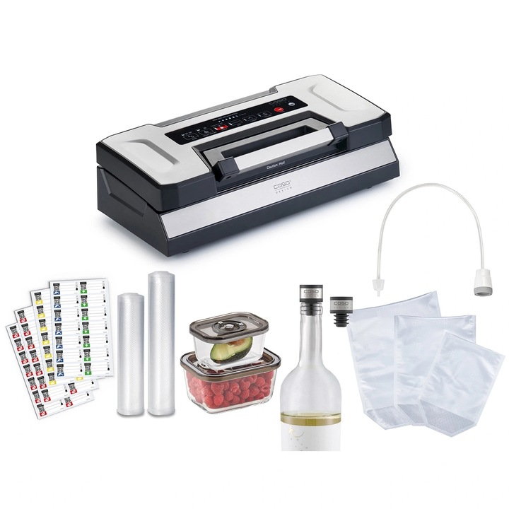Aparat de vidat profesional Caso Germany, VRH 800 Advanced Pro, bara sigilare 30 cm, vidare uscata/umeda/lichida, 2 role folii de vidat, 10 pungi de tip stand-up, dopuri si caserole incluse, argintiu