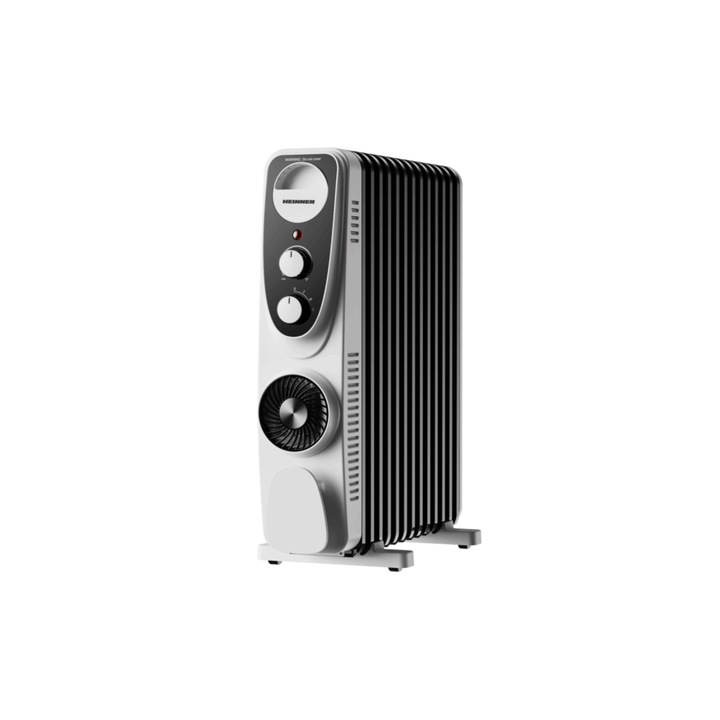 Calorifer cu ulei HEINNER HOH-MVT13WH-BK, 13 elementi, Ventilator turbo, 1000W/1300W/2500W,Termostat adjustabil, Protectie supraincalzire, Protectie in caz de rasturnare, Roti, Spatiu depozitare cablu, Alb cu negru