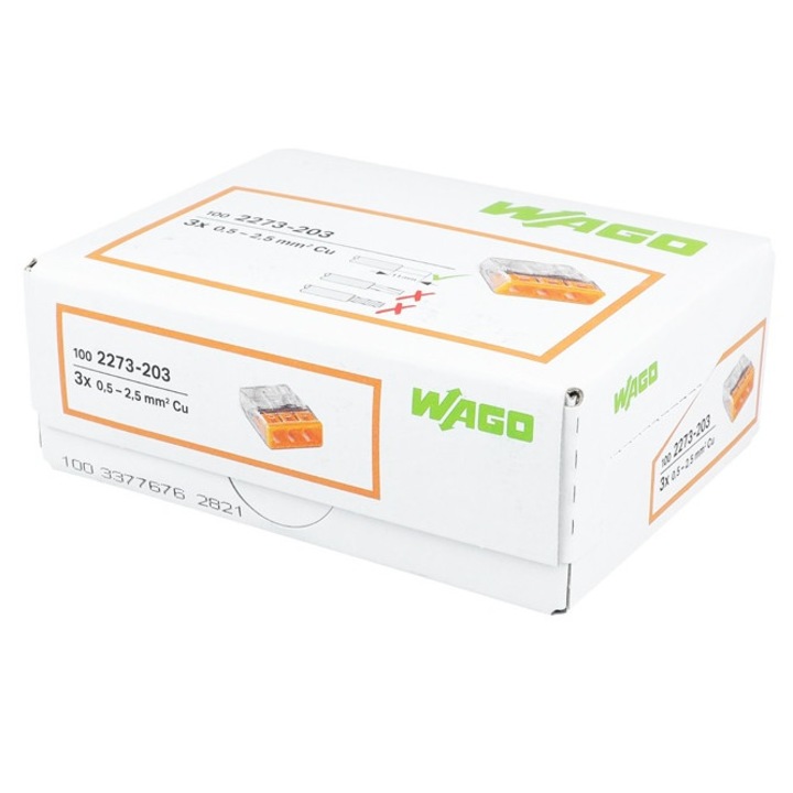 Set 100 conectori pentru conductori unifilari max. 2,5 mm² 3 conductori Wago 2273-203