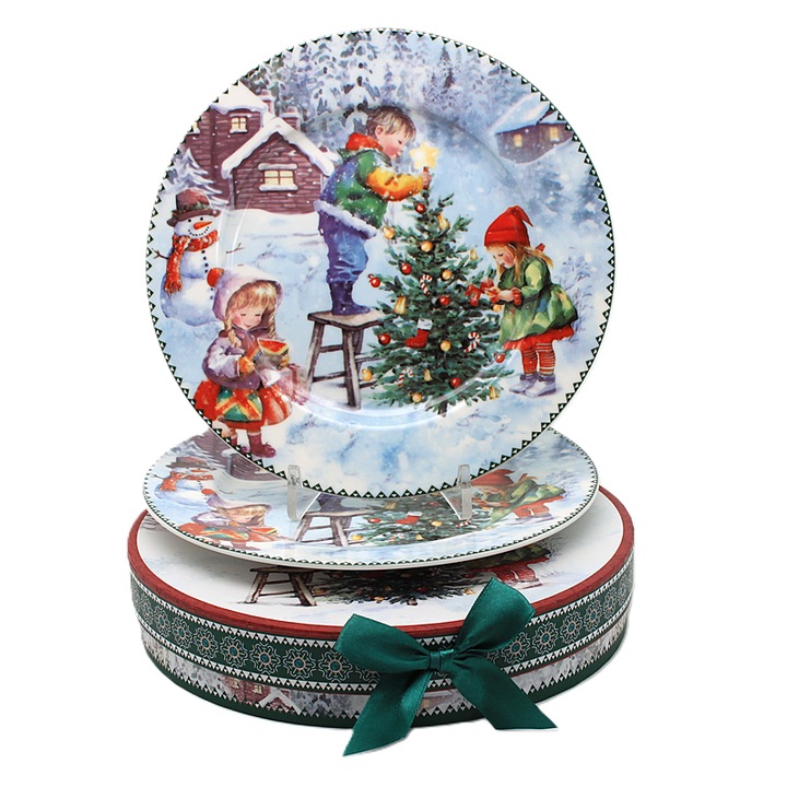 Set 2 farfurii desert din portelan, 19 cm, motiv de Craciun, multicolor