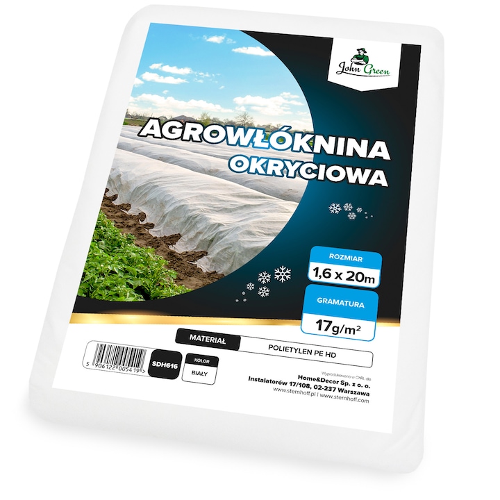 Folie Agrotextila Premium John Green 17g/m2, Alba, 1.6 x 20 m, Durabila, Anti-Inghet, pentru Protectia Plantelor si Rasadurilor in Gradina, Culturi, Acoperire Sol, Permeabila, Respirabila, Profesionala PE HD, contra Temperaturilor Scazute