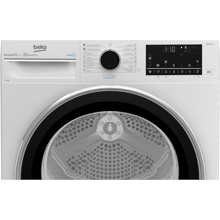 Uscator de rufe BEKO B3T40239W EU, 10 kg, 15 programe, HomeWhiz, Pompa de caldura, Clasa C, alb