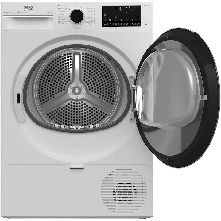 Uscator de rufe BEKO B3T40239W EU, 10 kg, 15 programe, HomeWhiz, Pompa de caldura, Clasa C, alb