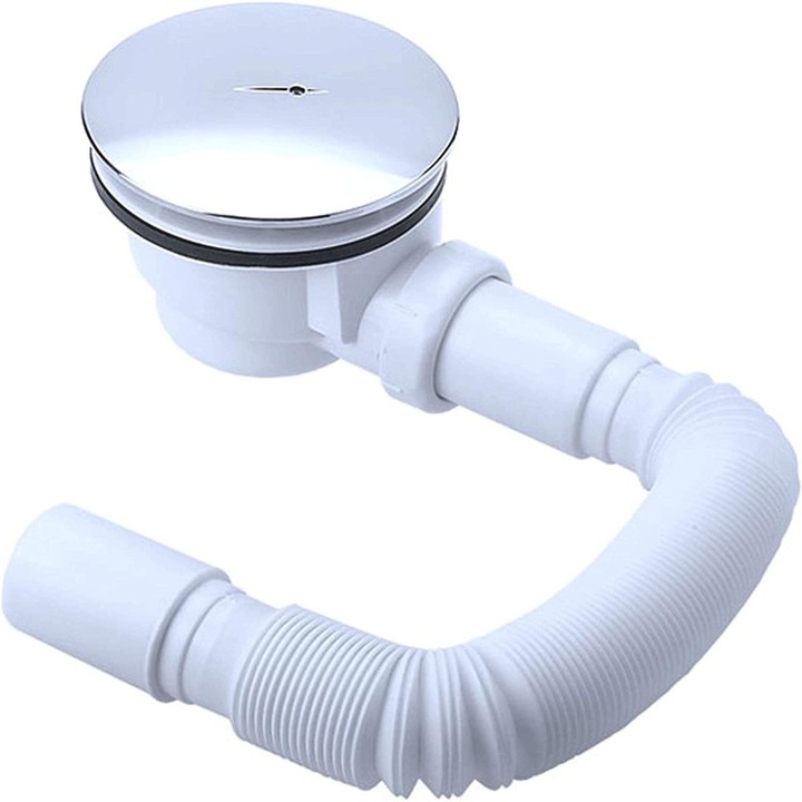 Сифон за оттичане на душ корита, универсален, гъвкава тръба, хромиран капак, AL 01