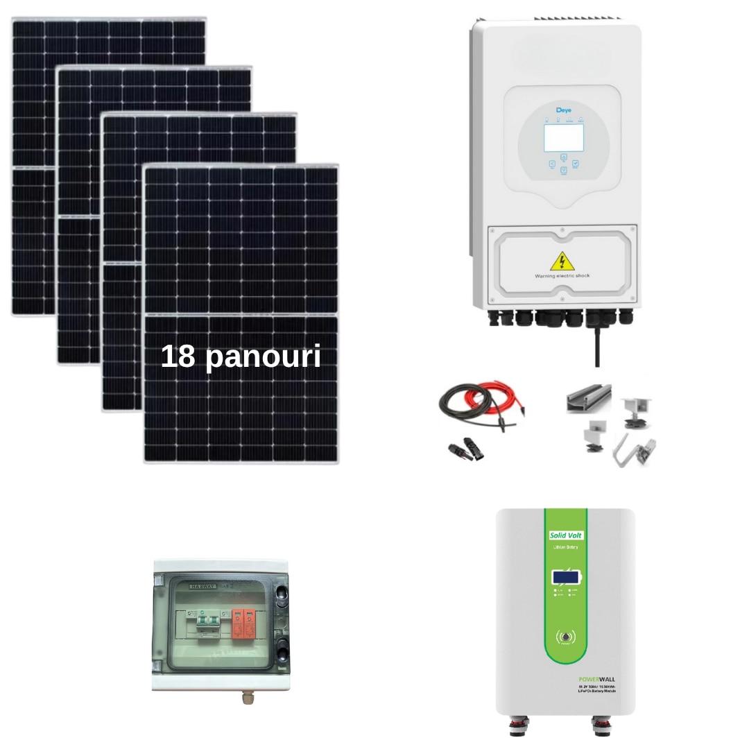 Sistem complet fotovoltaic 8 kw panouri + 8 kw Deye trifazat + 15 kw ...