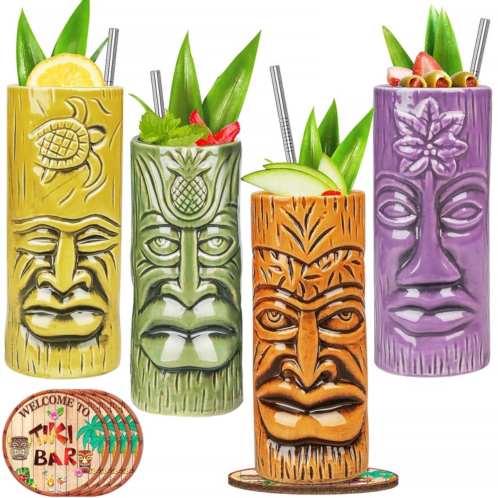 Tiki pohárkészlet, SuproBarware, 4 darabos, trópusi kerámia, partira