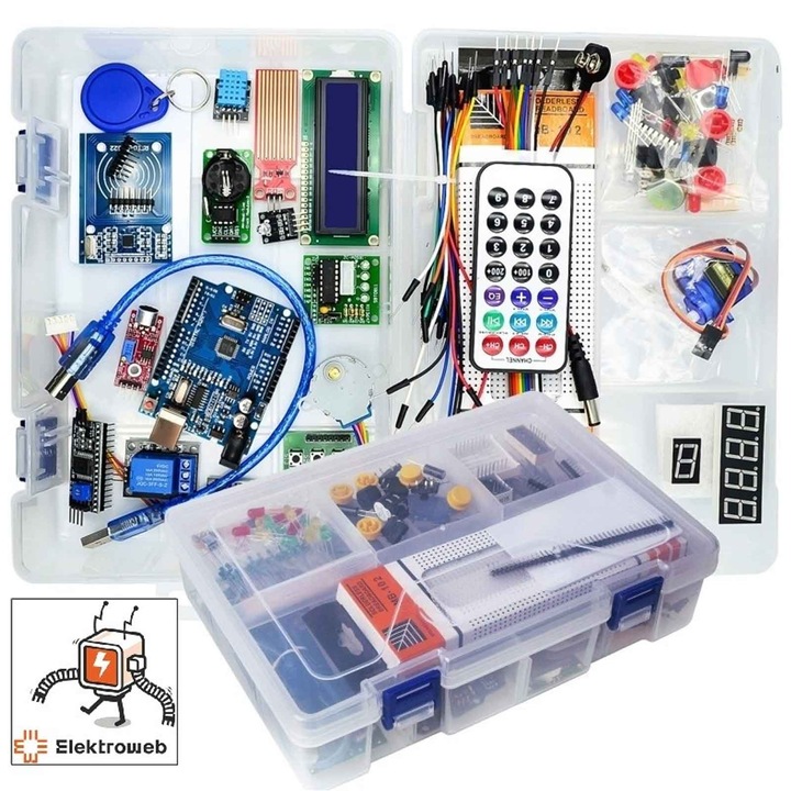 Kit XXL pentru învățarea programării, Elektroweb, 42 componente, organizator inclus, compatibil cu Arduino UNO