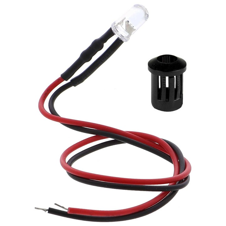 LED 5mm alb cu rezistor și suport, 3-24V, cablu 20cm