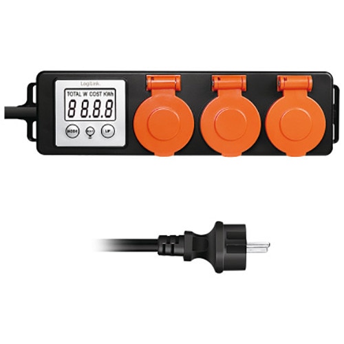 Prelungitor de exterior Logilink EM0008,230 V, 3 x schuko, 16 A, 3600 W max., IP44, contor cost energie, ecran LCD 2.2"