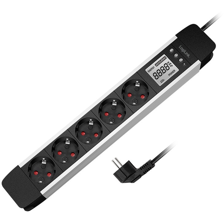 Prelungitor Logilink LPS286, 230 V, 16 A, 3600 W max., 5 x schuko, ecran LCD 1.6", consum energie, 1.4m lungime cablu