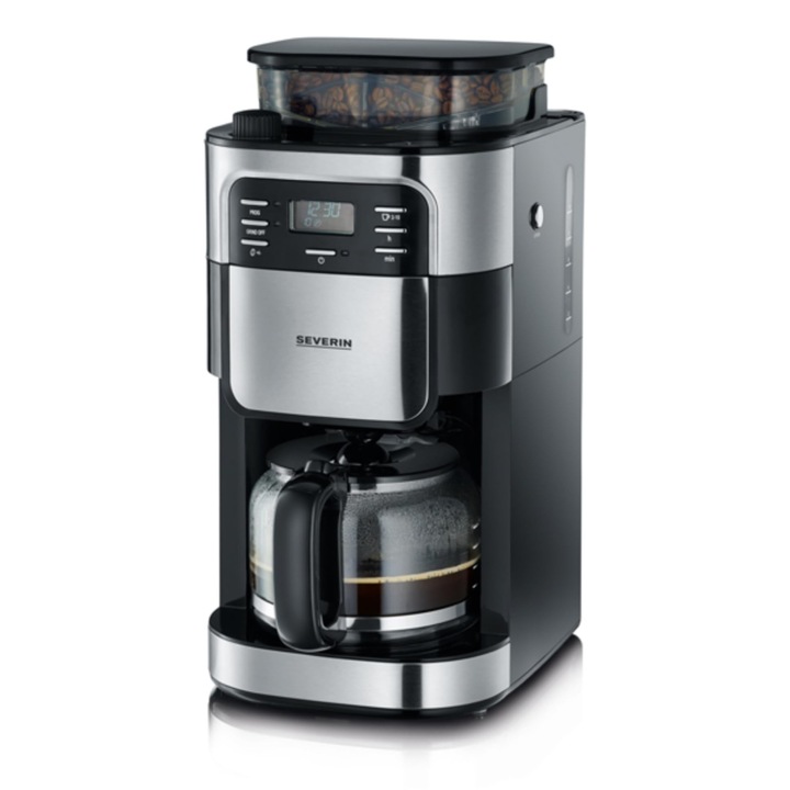 Espressor Severin cu râșniță, carafă de sticlă, 1000 W, oțel inoxidabil periat/negru