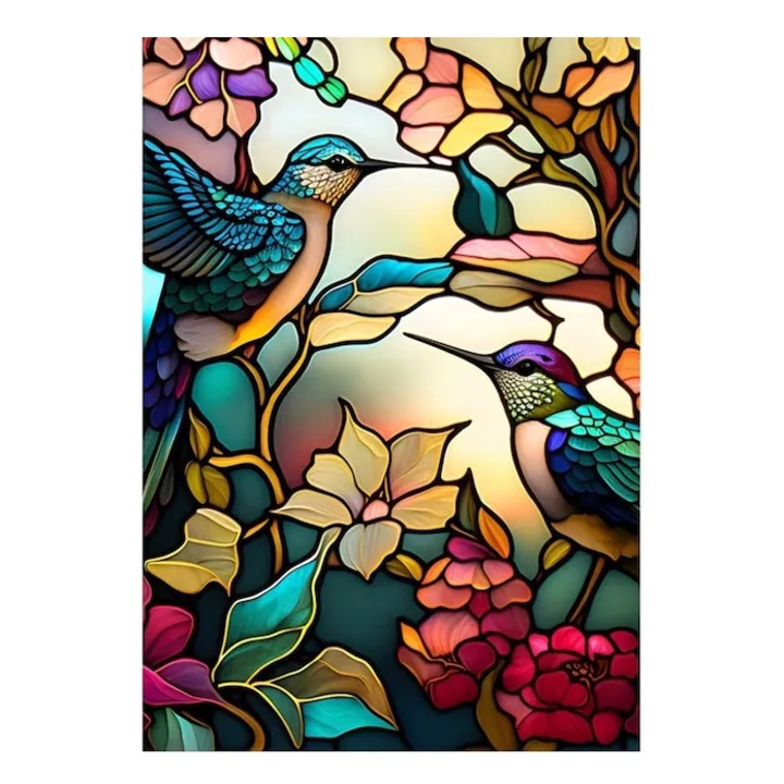 Folia Decorativa pentru Geam Tip Vitraliu Autoadeziva Model Colibri Intimitate si Protectie Solara 60 x 100 cm