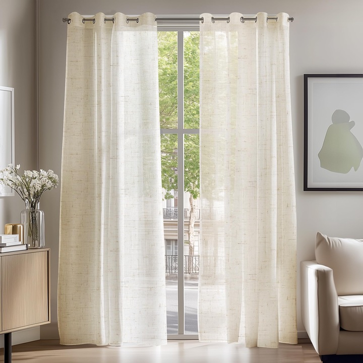 Комплект от 2 полупрозрачни пердета Deconovo, захващане с халки, ленен вид, 140 x 225 см, светлобежов