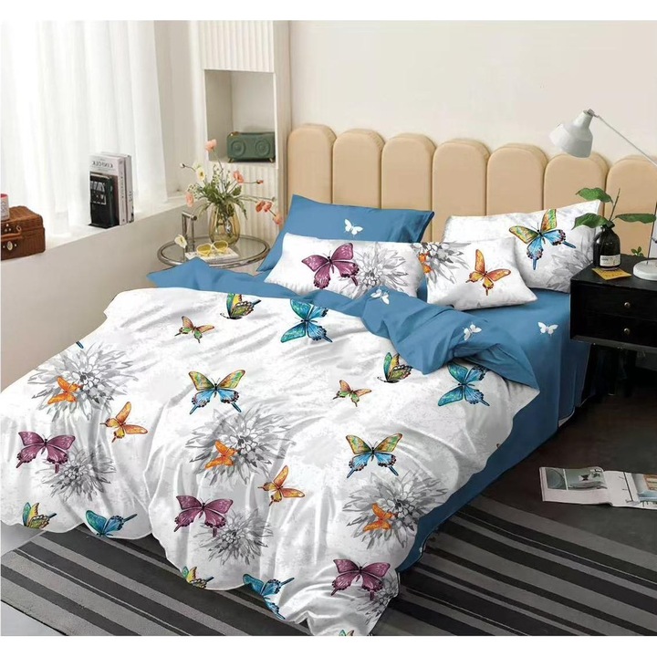 Lenjerie de pat dublu, Fluturi colorati, bumbac finet, 6 piese, 200x230cm, 220x230cm, 4 fete de perna