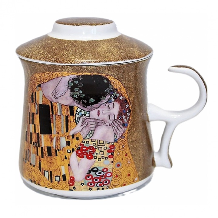 Чаша от костен порцелан с инфузер и капак, 350 мл, мотив „Целувката“ на Климт, бяло-златисто – подарък за любители на изкуството и колекционери