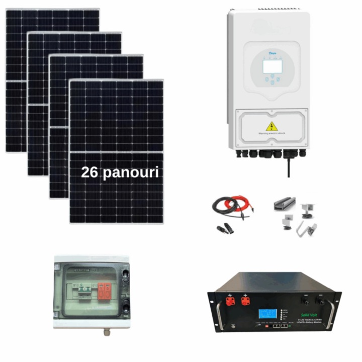 Sistem complet fotovoltaic, Solid Volt, 12 kw panouri + 12 kw Deye trifazat + 5.12 kw stocare LiFePO4 cu montaj