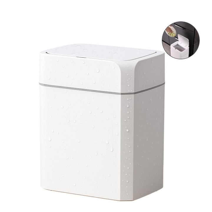 Кошче за боклук с инфрачервен сензор за движение, 18 L, Salestore.ro® Кошче за боклук за кухня, автоматичен капак против миризми, безшумен, водоустойчив IPX5, елегантен дизайн, кошче за боклук за баня, спалня, 26.5 x 20.2 x 31.8 cm, бял