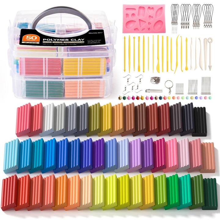 Set de lut polimeric Shuttle Art, 50 culori, 19 unelte de sculptat, 10 accesorii, pentru copii