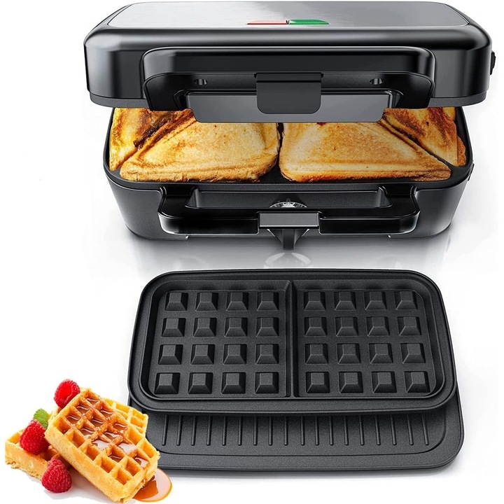 Sandwich-maker Fohere 3 în 1 1200 W, inox/negru, control temperatură, curățare ușoară