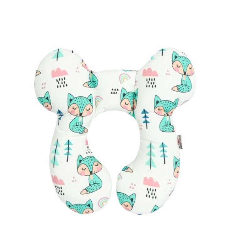 Perna cervicala de modelare pentru protectia capului bebelusului, sustine vertebra cervicala la copii si bebe, benefica in scaunul auto sau carucior, perna anti-bias pentru bebelusi, model vulpite verzi