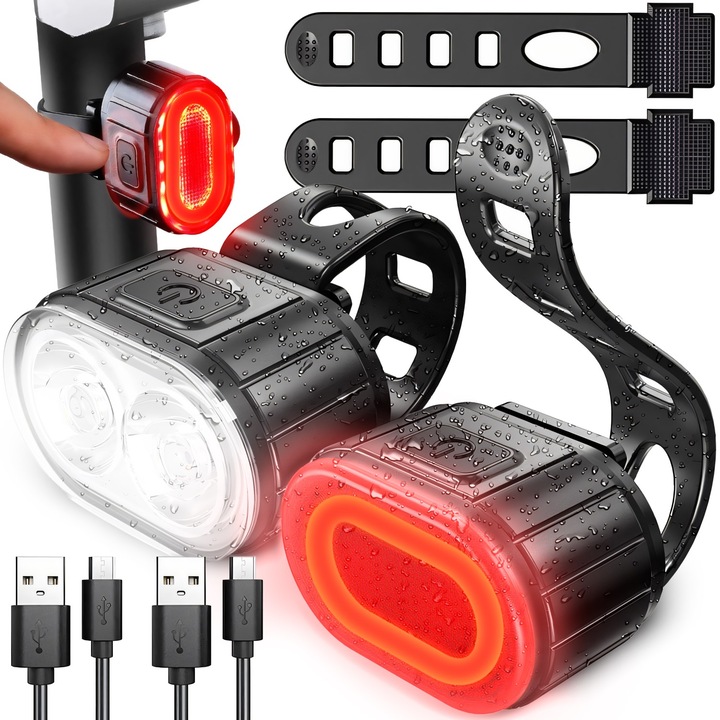 Set Lumini Bicicleta LED RETOO TravelMate, USB, Diode LH351B, IPX4, Instalare Instantanee, 3 Moduri de Iluminare, 2x Cablu de Incarcare Inclus, Timp de Lucru 3–12 Ore, Negru