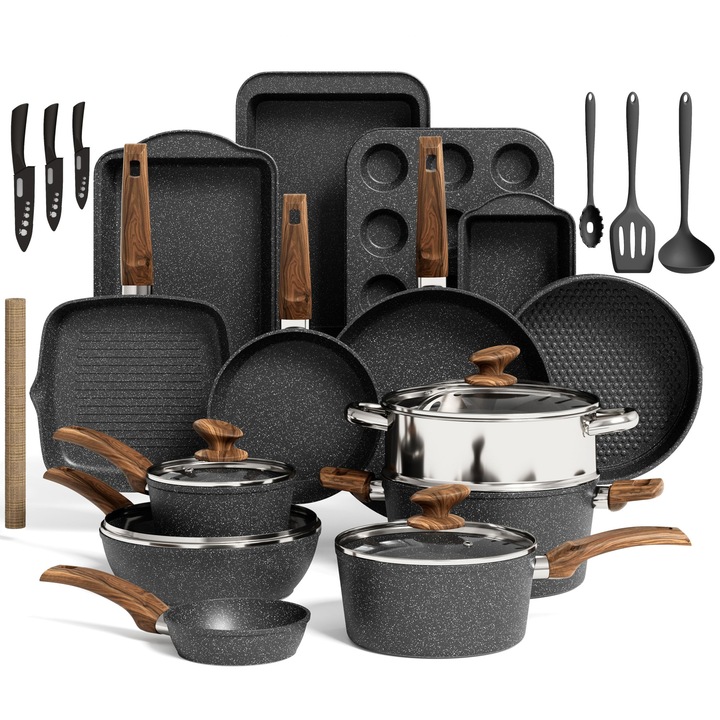 Комплект съдове за готвене от черен гранит, 30 части, незалепващи