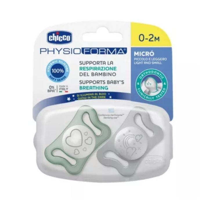 Suzeta din silicon Chicco PhysioForma Micro, 2 buc, lumi, 0-2 luni