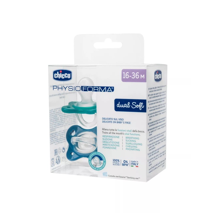Suzeta anatomica Chicco PhysioForma Dual Soft, 2 buc, bleu, 16-36 luni