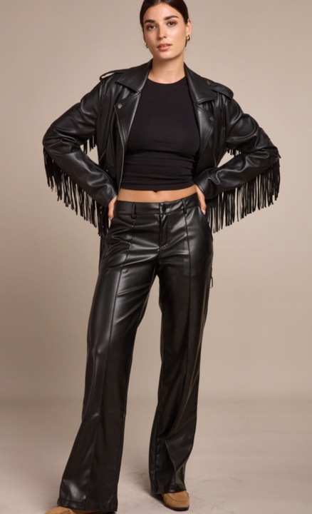 Pantaloni din piele ecologica cu croi drept 1048, Negru