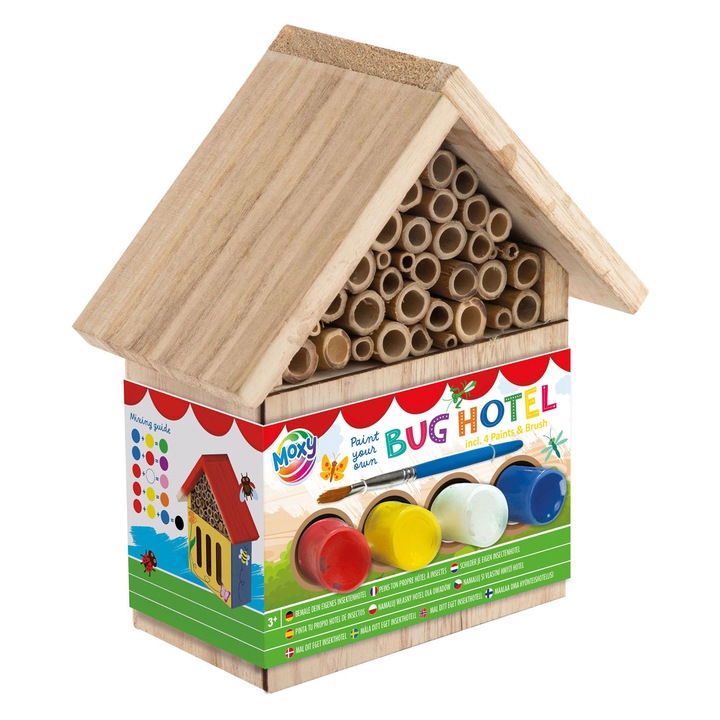 Set creativ Moxy Hotel de insecte, din lemn, include 4 guase, multicolor, pentru copii de 5 ani si peste