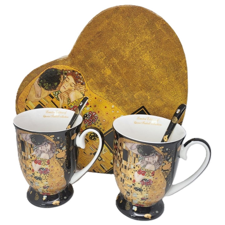 Комплект от 2 порцеланови чаши от костен порцелан с лъжички, „Целувката“ на Климт, 300 мл, кутия във формата на сърце – подарък за двойки, годишнини и колекционери