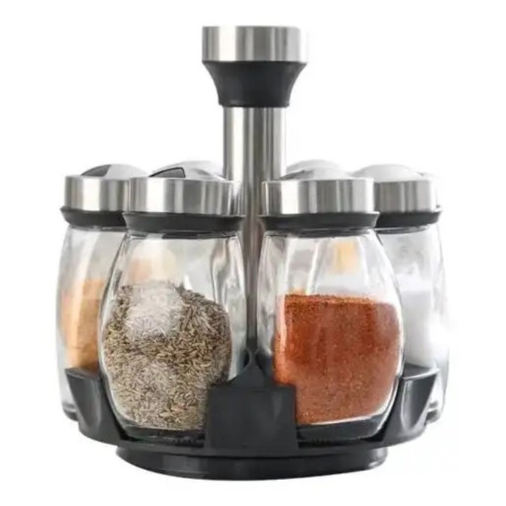 Suport rotativ 360 pentru condimente, 6 recipiente sticlă 120ml, inox, organizator bucătărie
