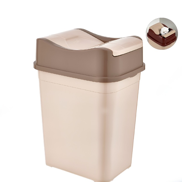 Кошче за отпадъци 22 L, с капак на панти, Salestore.ro®, кошче за отпадъци за кухня, баня, офис, компактно, 38.8 × 18.9 × 24.3 cm, Пластмаса, Кафяво-бежово