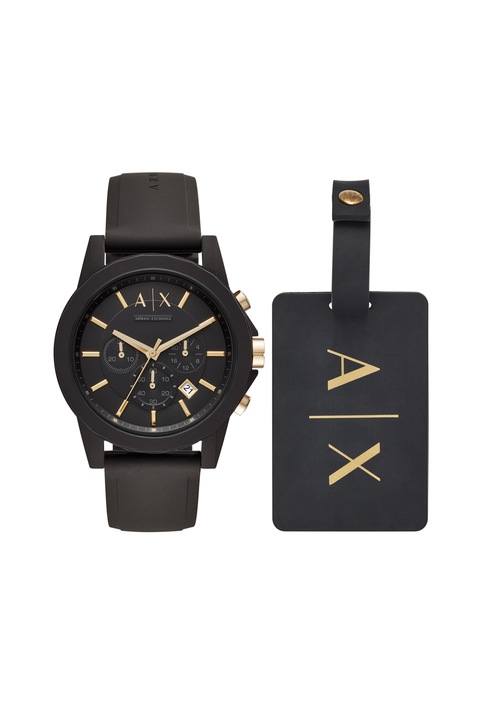 ARMANI EXCHANGE, Комплект часовник Outerbanks и етикет за куфар, Черен