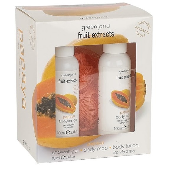 Set cadou, Greenland, cu papaya, gel de dus 100 ml + lotiune de corp 100 ml + burete baie