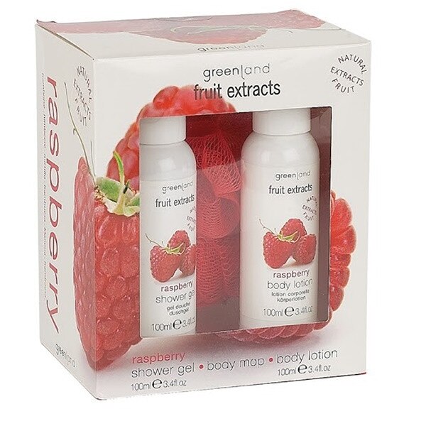 Set cadou, Greenland, cu zmeura, gel de dus 100 ml + lotiune de corp 100 ml + burete baie