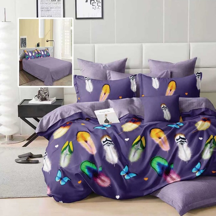 Lenjerie de pat Ralex Pucioasa, bumbac/poliester, 6 piese, cearceaf 220x240cm, husa pilota 200x220cm, 4 fete de perna, mov