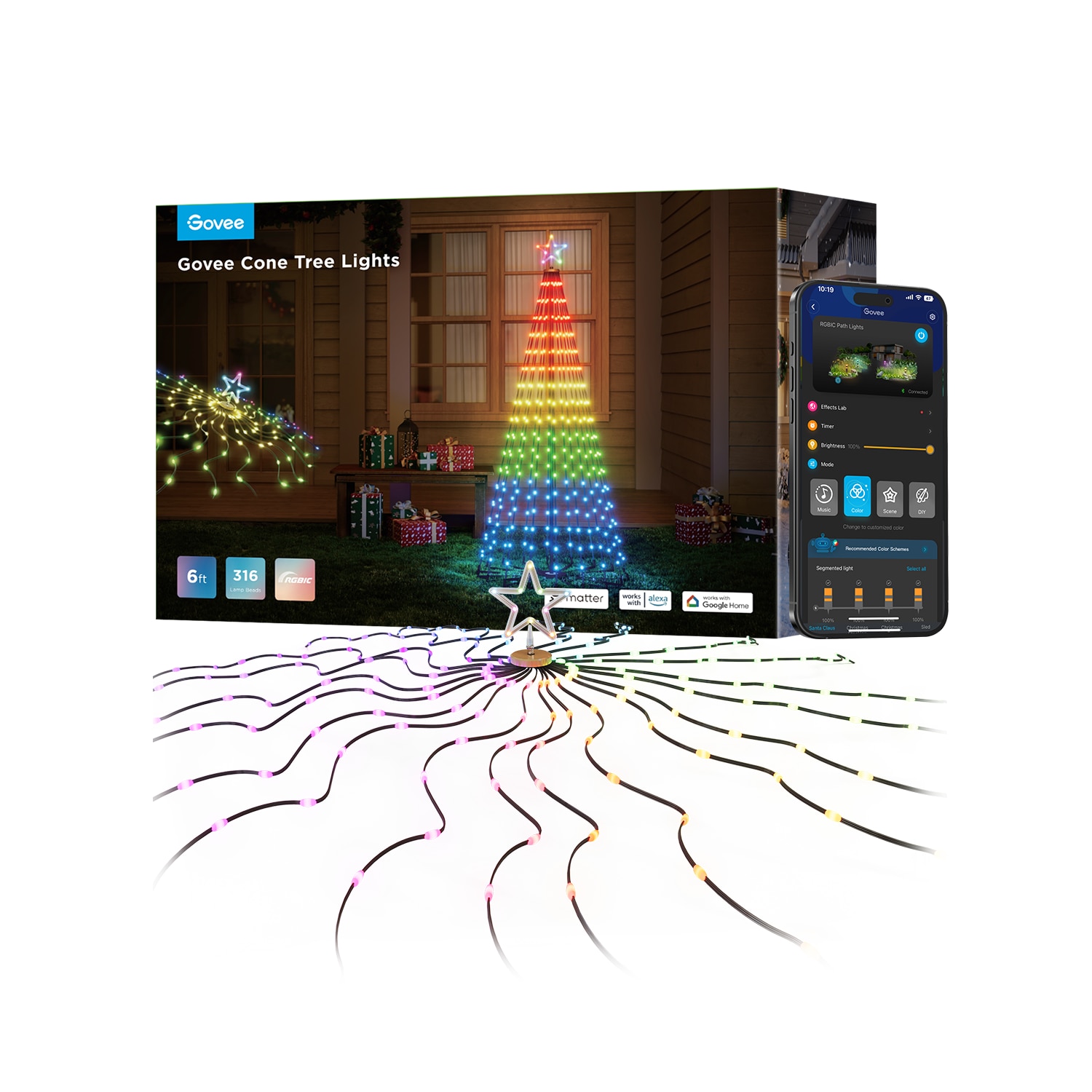 Instalatie Decorativa in forma de con Govee H6840311, 15 W, 5 V, 1.82 m inaltime, Wi-Fi 2.4GHz, Bluetooth, aplicatie Govee Home