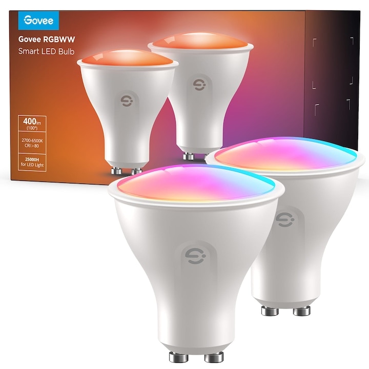 Set 2 becuri inteligente RGBWW Govee B600D3C1, 400 lm, 2700-6500 K, Wi-Fi 2.4GHz, Bluetooth, aplicatie Govee Home