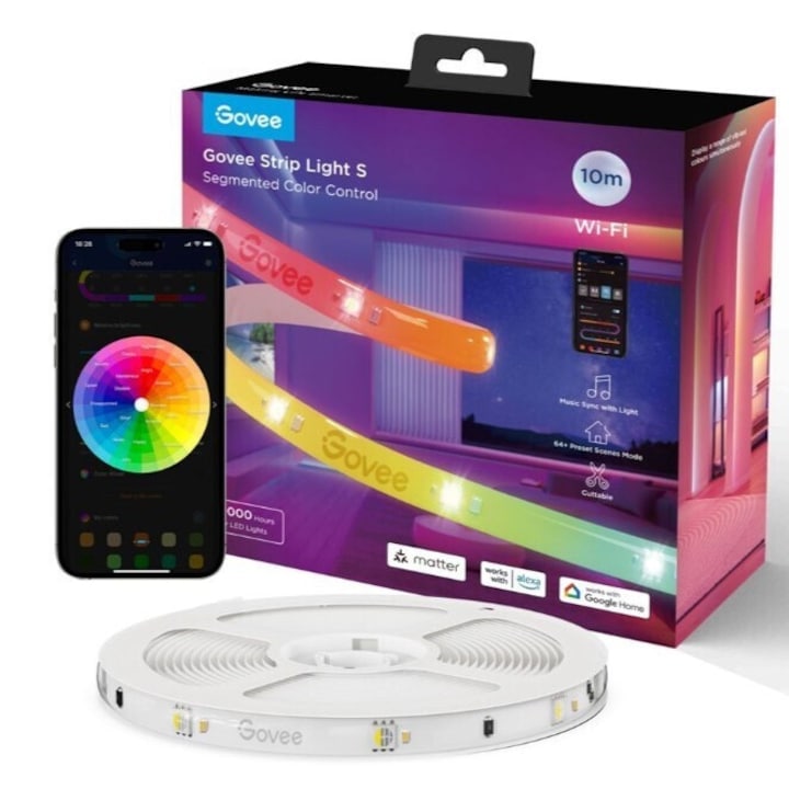 Banda LED RGBIC Govee H612FCD1, 3 m lungime, 24 V, 2700K-6500 K, IP65, Wi-Fi 2.4GHz, Bluetooth, aplicatie Govee Home