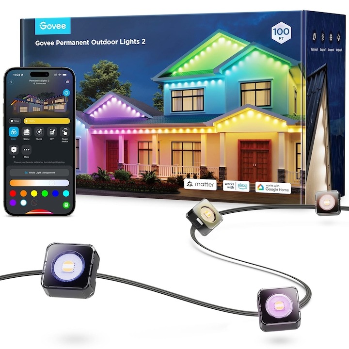 LED светлини Govee H705E311 външни RGBICW, 30 м дължина, 40 lm, 4000 k, IP67, Wi-Fi 2.4GHz, Bluetooth, приложение Govee Home