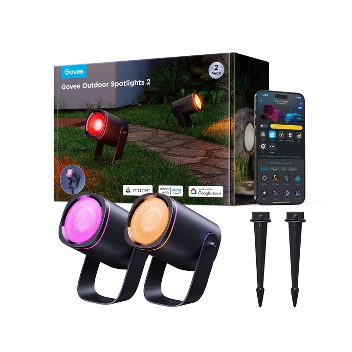 Set 2 spoturi de exterior RGBICWW Govee Outdoor Spotlights 2 H7093311, 600 lm, IP67, 69 moduri de scena, Wi-Fi 2.4GHz, Bluetooth, aplicatie Govee Home